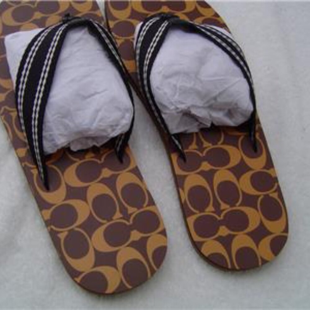NEW MENS COACH SADDLE AND PAPAYA SIGNATURE PRINT FLIP FLOPS #C8896 SIZE 9 - Picture 5 of 9
